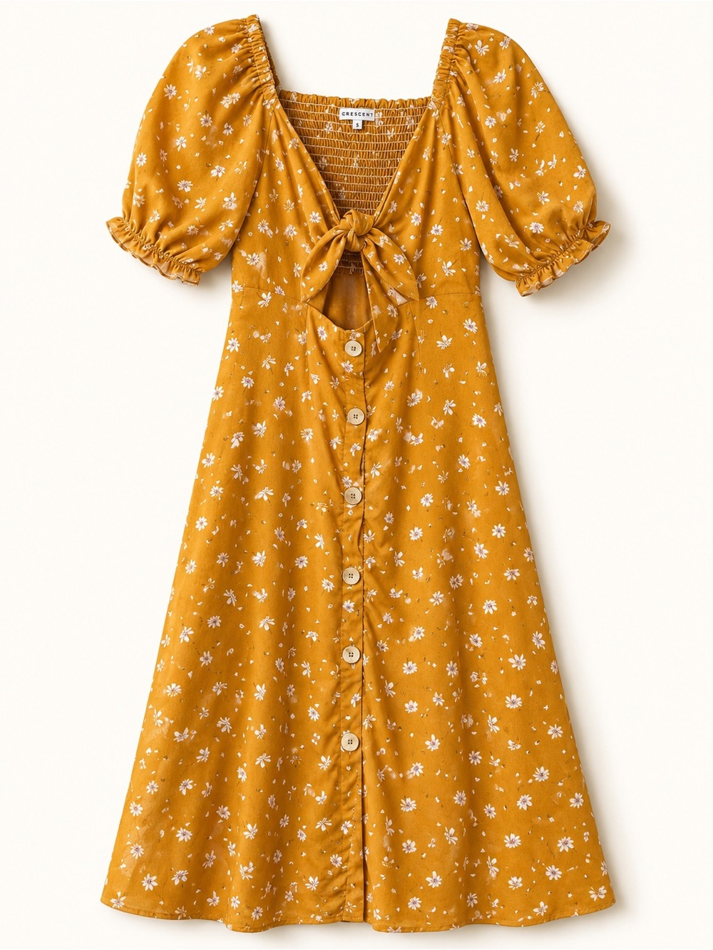Crescent Mustard Floral Puff Sleeve Midi Dress Size S Prairie Cottagecore